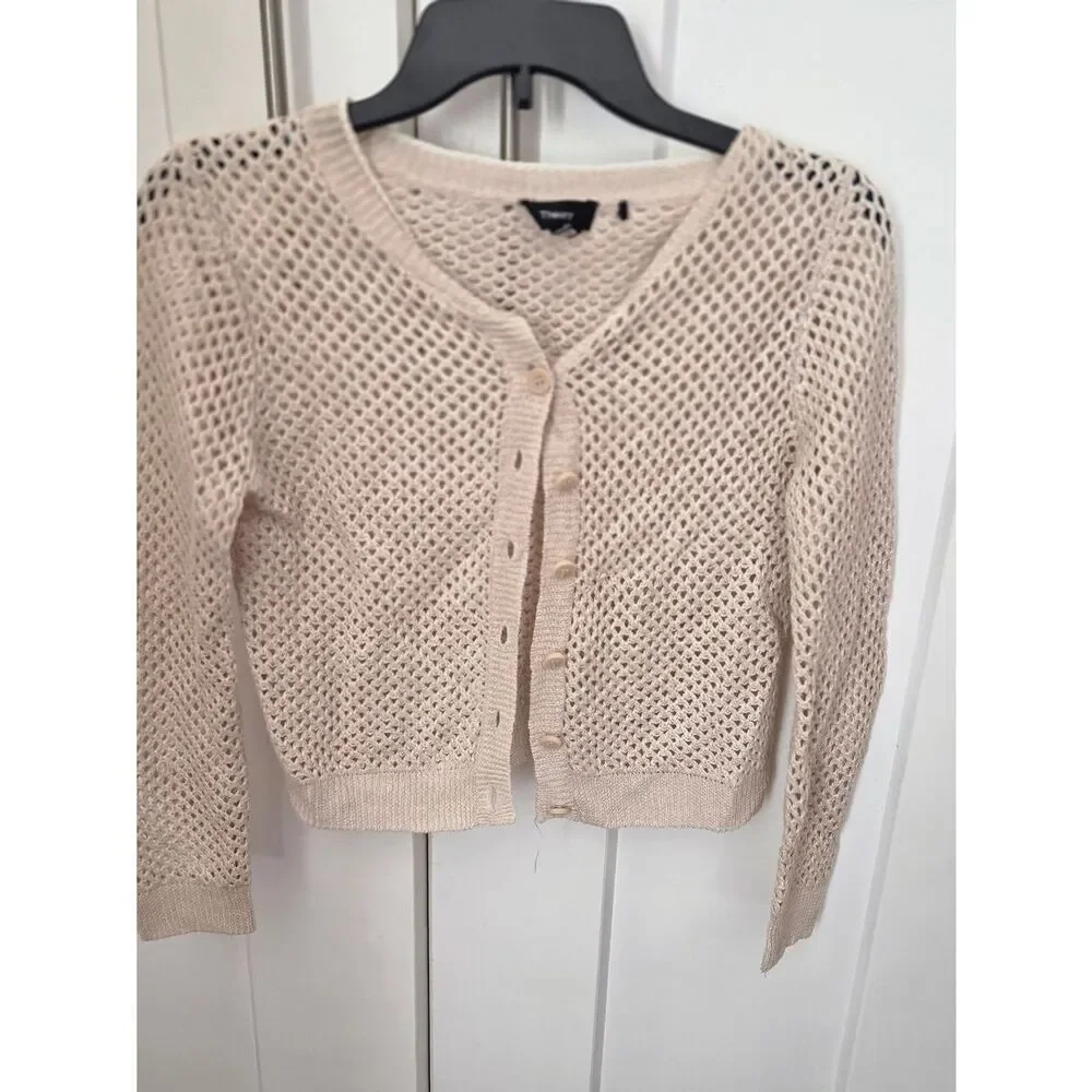 Theory Tamvi Crochet Cream Open-Weave Button Cardigan - Picture 2 of 6
